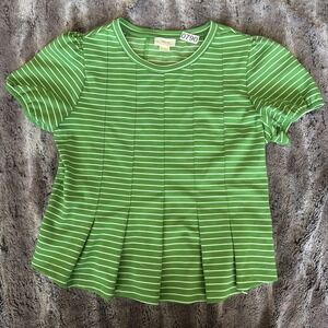 Maeve By Anthropologie Green White Striped Pleated Peplum Short Sleeve Top M